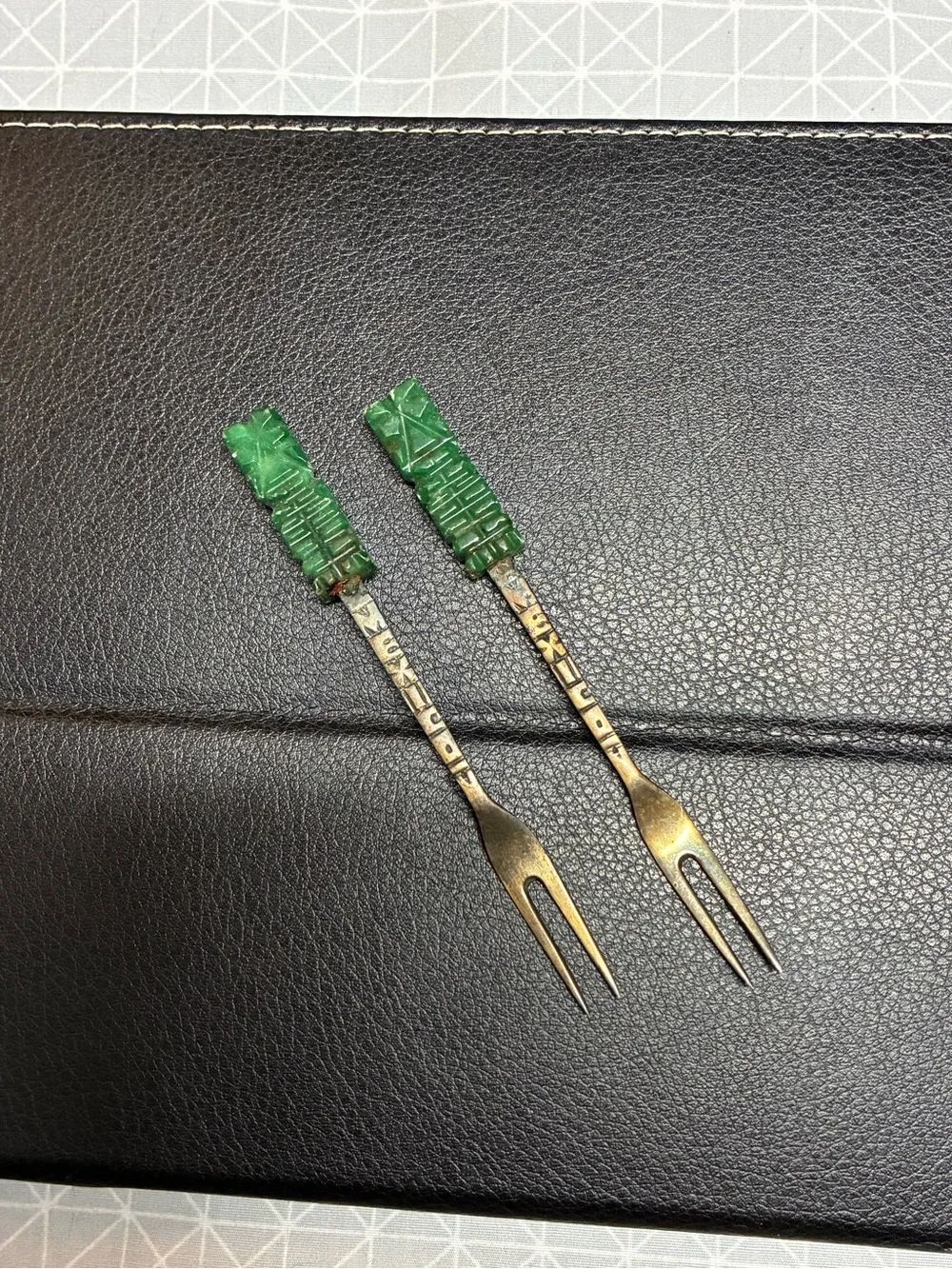 Vintage Mexican Sterling and Jade Cocktail Forks Set of 2